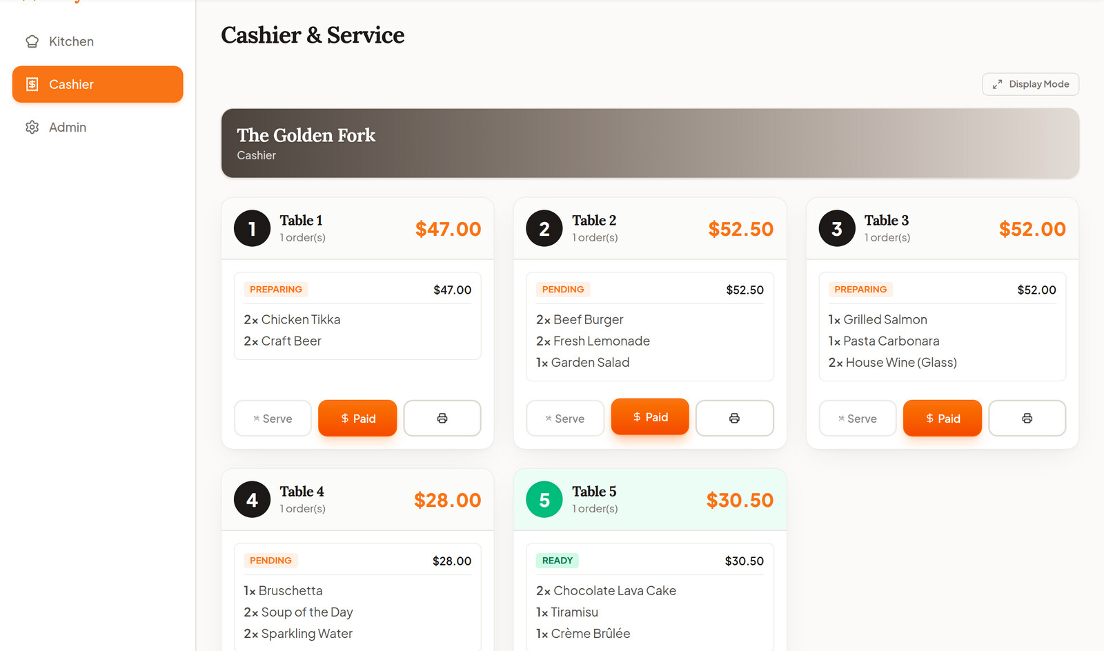 Cashier console on a tablet showing live tables and payment actions