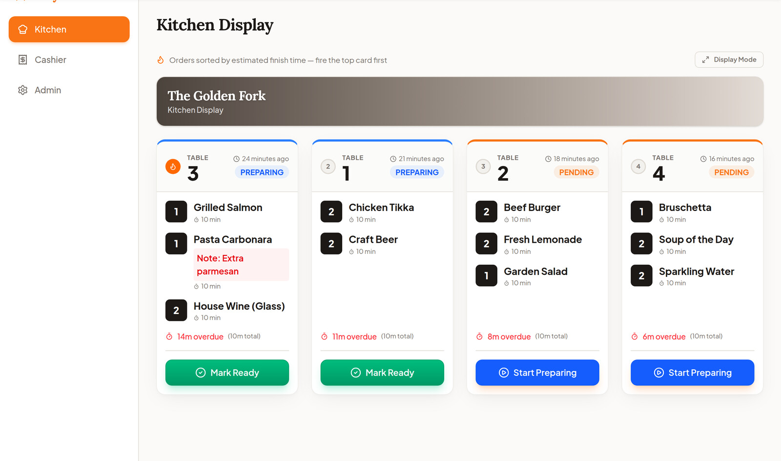 Kitchen display on a tablet showing live orders sorted by prep time