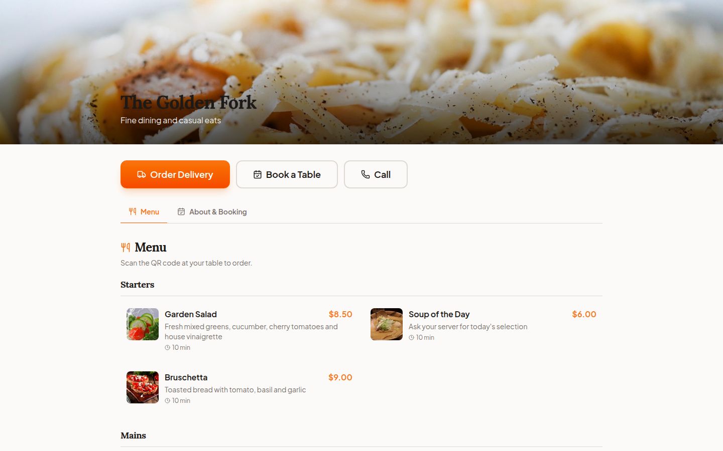 Live restaurant menu showing The Golden Fork with food cover photo and dish photos for each item