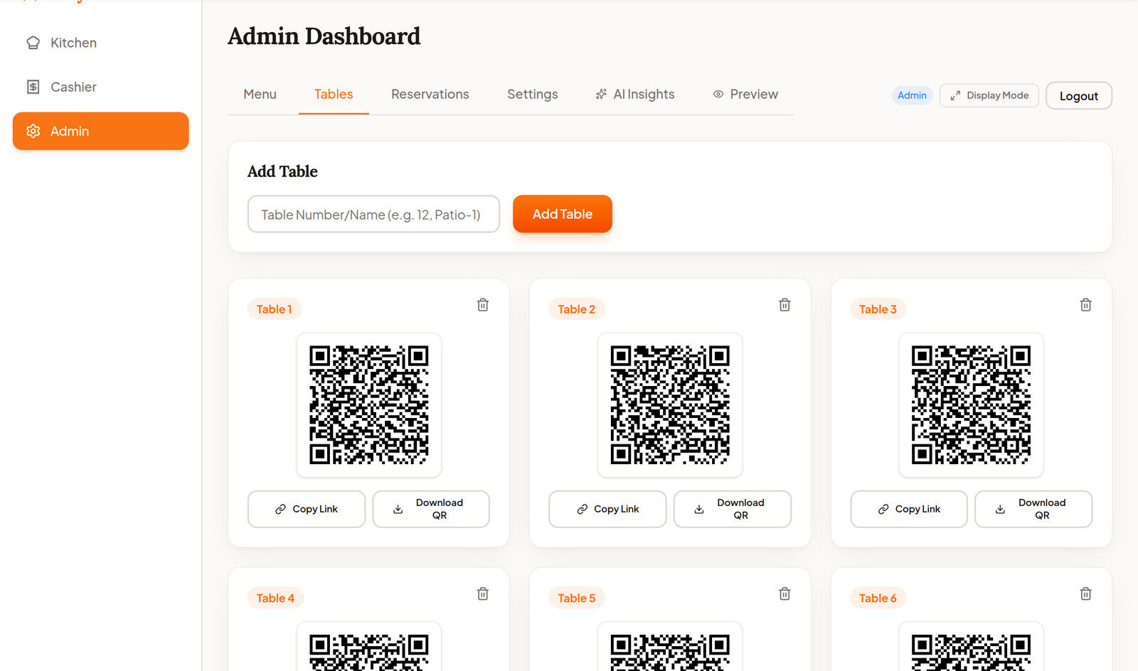 Table management on a tablet showing QR codes for each table
